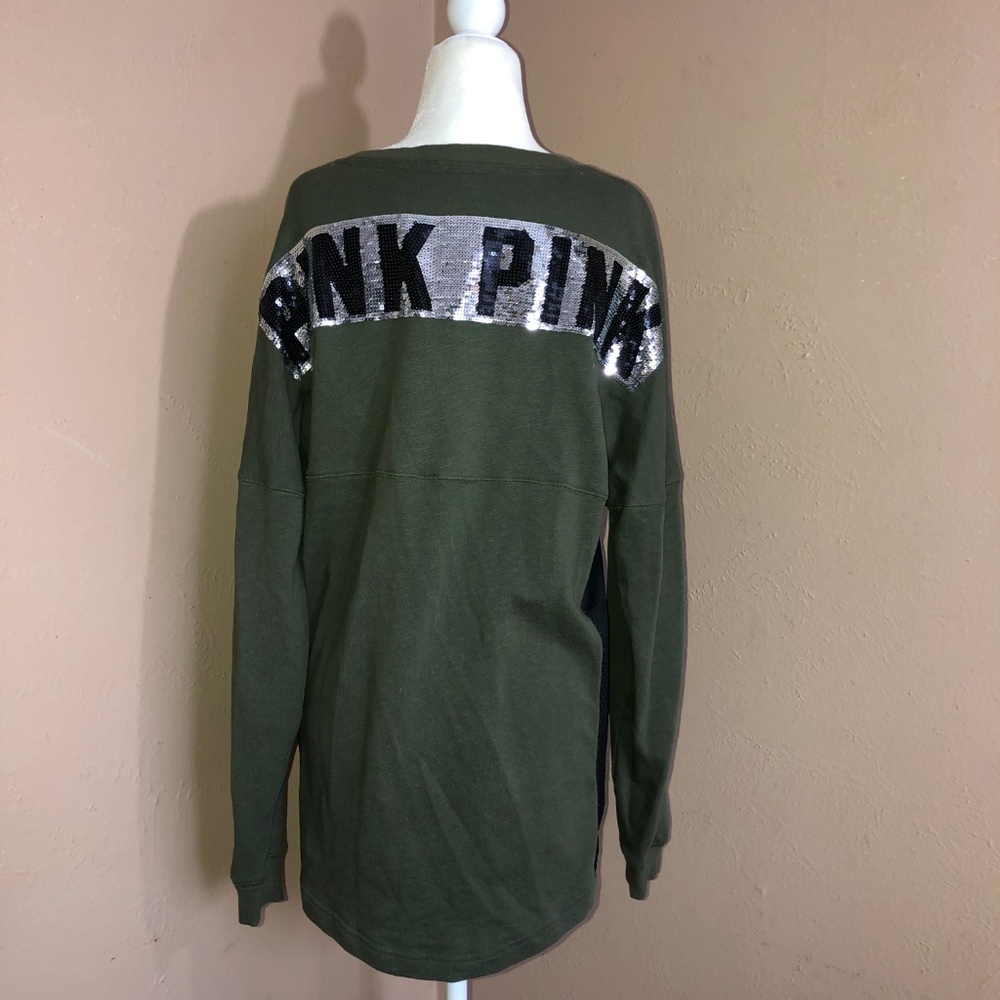 PINK VS Olive Sequins Logo Pullover Sweatshirt - Picture 4 of 8